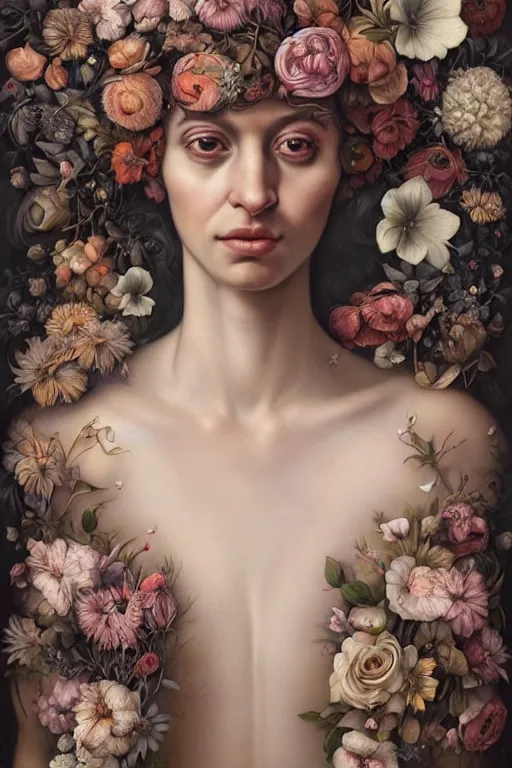 Prompt: portrait of woman with floral background : : by elena masci, tom bagshaw, giuseppe arcimboldo, melanie delon : : digital art, portrait, illustration, photorealism, hyperrealism, hyper - maximalist, surrealism, negative space, intricate detail, line work, muted, natural tones, weta, wlop, deviantart, imaginefx