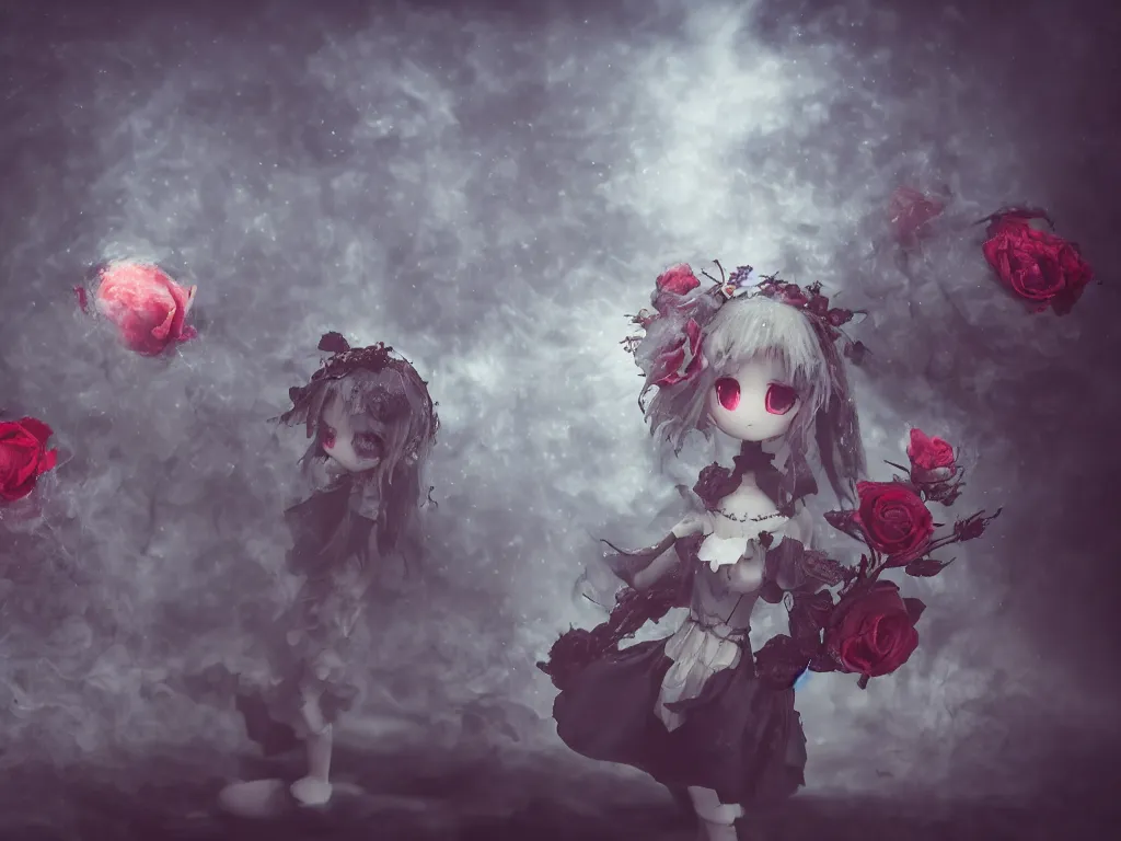 Image similar to cute fumo plush of a gothic maiden girl clutching lots of decayed roses, stale twilight, swirling vortices of emissive smoke and volumetric fog over the river, bokeh, vignette, vray