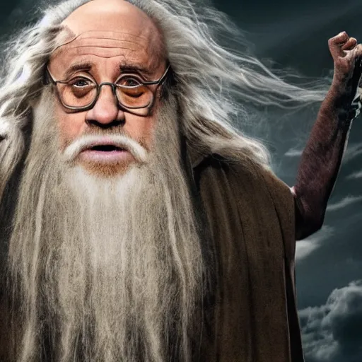 Image similar to danny devito starring as gandalf the white in the 2 0 2 4 lord of the rings movie smoking, full body, hyper realistic, high quality, wide angle