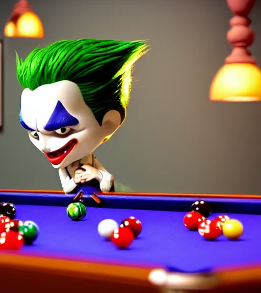 Prompt: very beautiful portrait of extremely cute and adorable the joker playing pool, smooth, perfect face, fantasy, character design by mark ryden and pixar and hayao miyazaki, sharp focus, concept art, harvest fall vibrancy, intricate detail, cinematic lighting, hyperrealistic, 3 5 mm, diorama macro photography, 8 k, 4 k