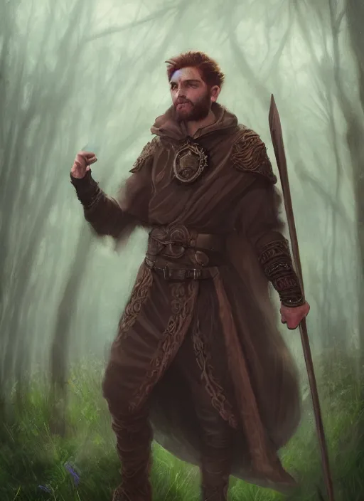 Image similar to A fantasy portrait painting of a male mage on a misty forest meadow, DAZ, hyperrealistic, ambient light, dynamic light, trending on artstation, d&d, RPG portrait