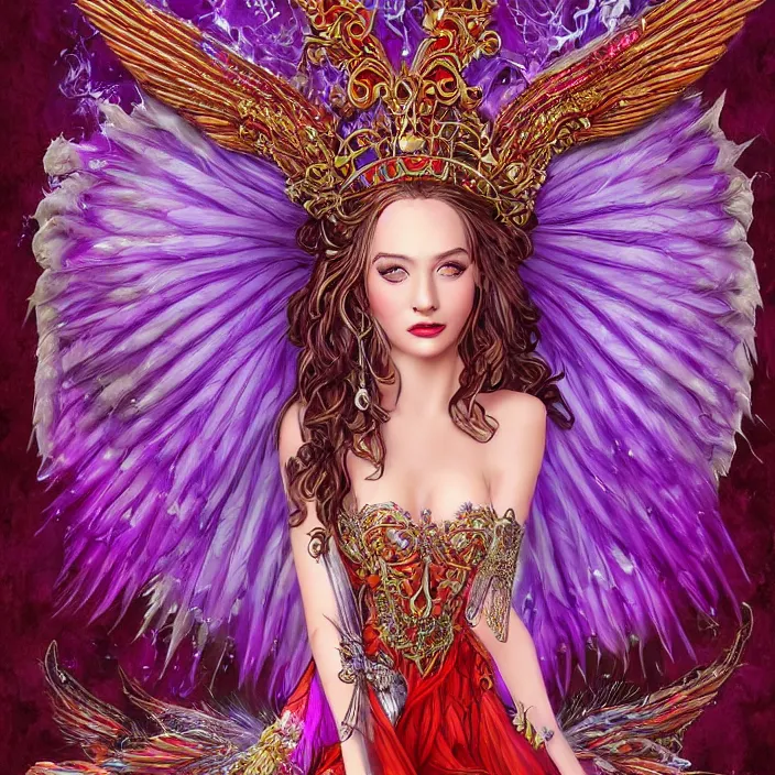 Prompt: Princess sorceress with red flaming bird wings on her back and sitting on an ornate throne dressed in a fancy long purple dress, beautiful realistic symmetrical defined face, Slight smile and open eyes, anatomically correct, Fantasy, Full Body Portrait, High detail, hyper realistic