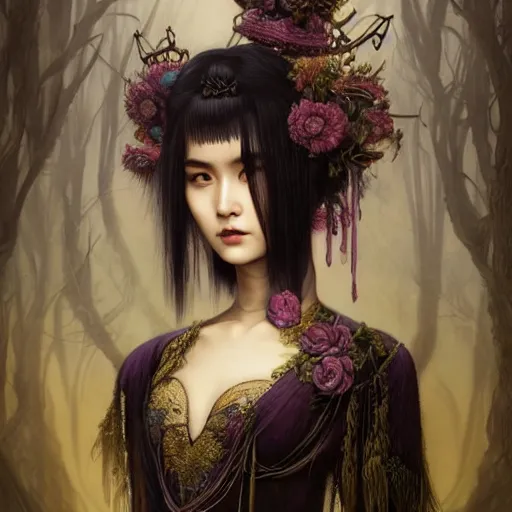 Image similar to rudolf freund dan mumford tom bagshaw, photorealistic soft paint of a single very beautiful asian princess full long dress, ultra deep fog, purple black lustrous thin haircut, partial symmetry accurate features, focus, very intricate ultrafine details, award winning masterpiece, steampunk world