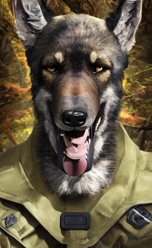 Image similar to close up character portrait icon of the german shepard beast - man military uniform head animal person wearing clothes standing in the bright forest, hidari, color page, tankoban, 4 k, tone mapping, akihiko yoshida