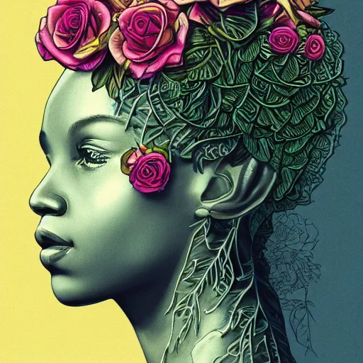 Image similar to the anatomy of a head of lettuce with roses that resemble a beautiful young african woman looking up, an ultrafine detailed illustration by james jean, intricate linework, bright colors, final fantasy, behance contest winner, vanitas, angular, altermodern, unreal engine 5 highly rendered, global illumination, radiant light, detailed and intricate environment