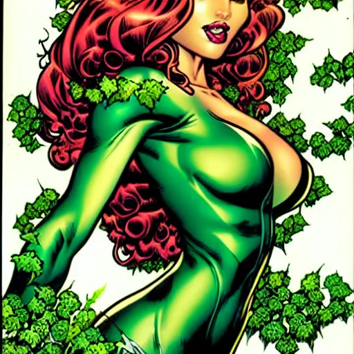 Prompt: Poison Ivy, comic portrait by J Scott Campbell, intricate details, vintage comic book cover scan