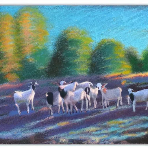 Prompt: expressionist painting of beautiful farm, baby goats in yard, epic scale, top lighting, pastel shades, wax texture, loose brush strokes, stunning, 8 k