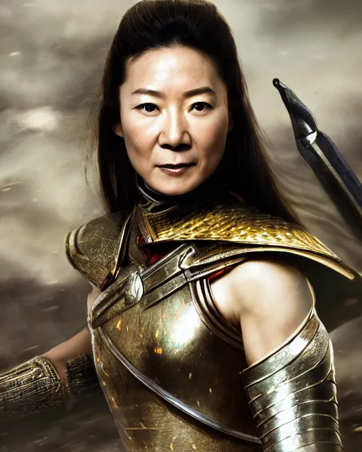 Prompt: young michelle yeoh as chinese warrior princess at the battle of helms deep, background: battle scene, clear makeup, clean hair, dry skin, clear skin, airbrushed, bright eye makeup, warrior body, photo by mario testino, 8k octane render, cinematic, hyper detailed, micro details, insanely detailed, trending on artstation, concept art