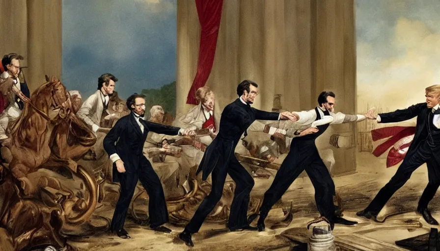 Prompt: trump fighting abraham lincoln in an intense fight scene