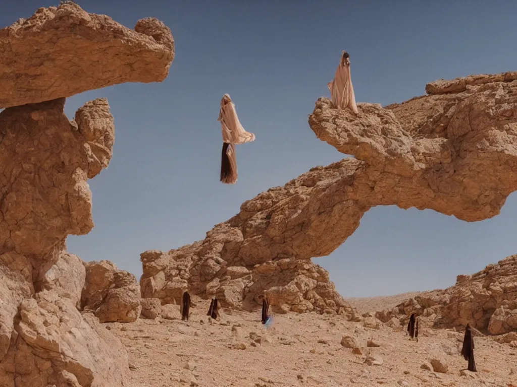 Image similar to levitating women with full - face golden mask and glowing eyes in a dry rocky desert landscape, visible sky and sunny atmosphere, fata morgana giant mirrors by alejandro jodorowsky, anamorphic lens, kodakchrome, cinematic composition, practical effects, 8 k,