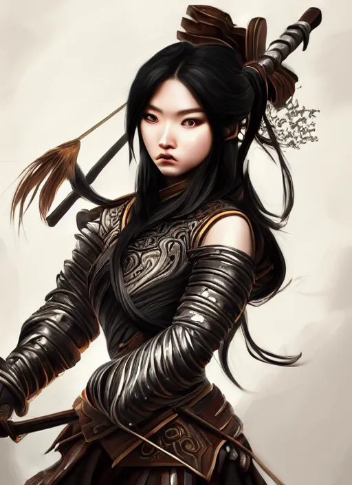 Prompt: a highly detailed illustration of fierce black haired mongol warrior woman with bow, heroic shooting bow pose, perfect hyperdetailed face, intricate, elegant, highly detailed, centered, digital painting, artstation, concept art, smooth, sharp focus, league of legends concept art, wlop.