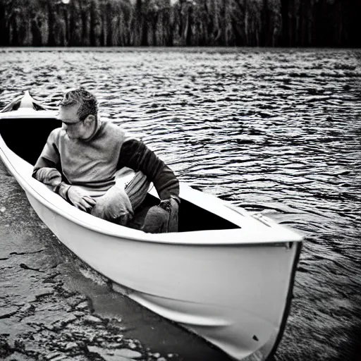 Image similar to realistic photo of a man standing in a small boat on endless broken mirrors