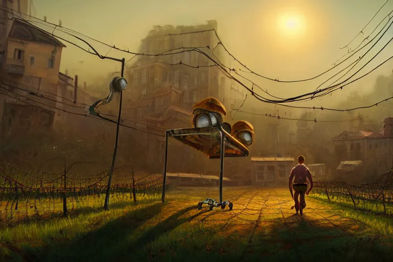 Prompt: a walking house on mechanical legs, rust, vines, city in background, hyperrealistic, highly detailed, cinematic, single ray of sun, fog, beautiful, cgssociety, artstation, 8 k, oil painting