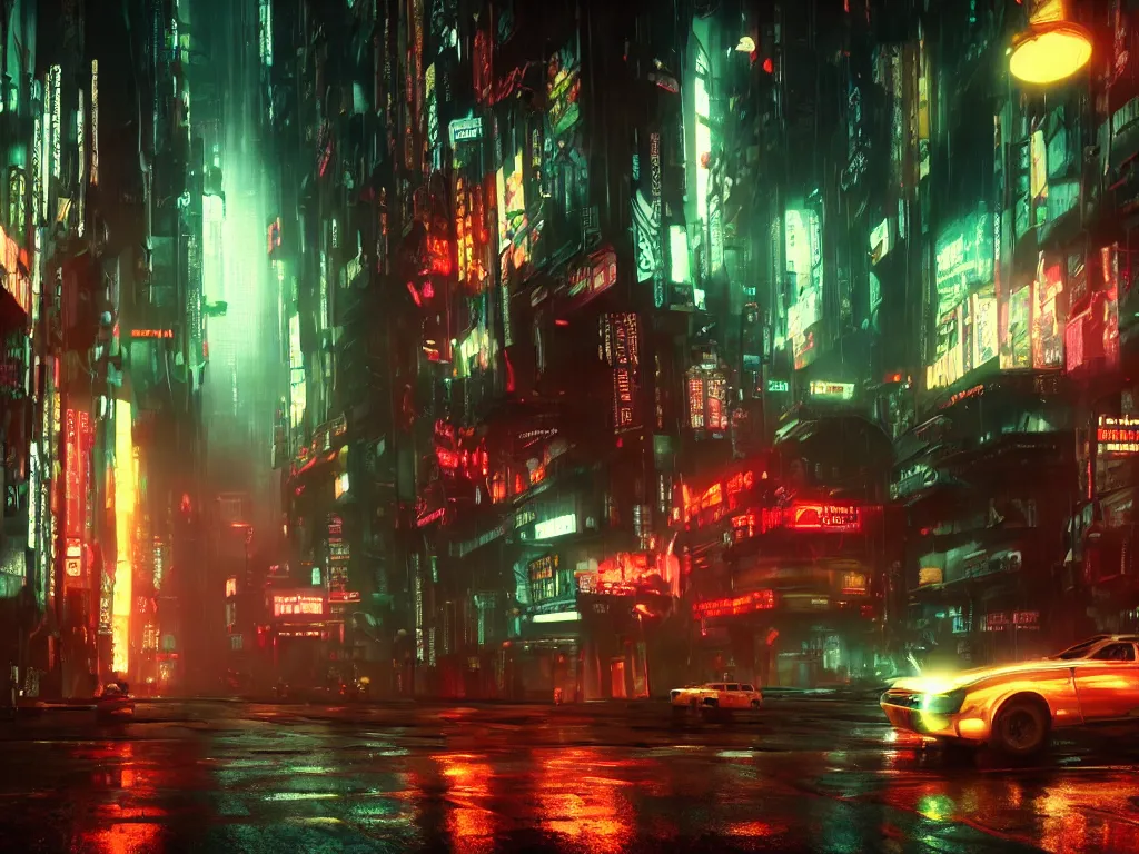 Prompt: cyberpunk lovecraft vibe in blade runner with hiromasa ogura set design, epic exterior streetscape with flying cars, high octane, stunning cinematic lighting, dark mood, abstract wet misty drizzling atmosphere, cthulhu, neon light bloom, light leaks 4 k unreal engine render lens flare