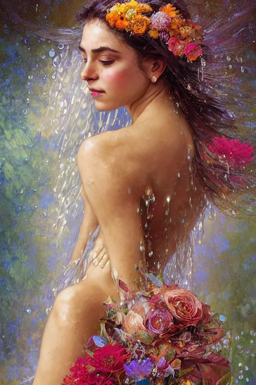 Image similar to portrait of a beautiful woman wearing a sari dress, holding a bouquet of flowing flowers, drenched body, wet dripping hair, emerging from the water, fantasy, regal, fractal crystal, fractal gems, by ross tran stanley artgerm lau, greg rutkowski, thomas kindkade, alphonse mucha, loish, norman rockwell