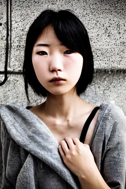 Image similar to a beautiful gorgeous Japanese edgy model girl with short hair, she's sad, sunset, street of Hong Kong, 80mm lens, 1.2 aperture, grainy image, close up, cinematic light, very detailed, depressing atmosphere, cover magazine