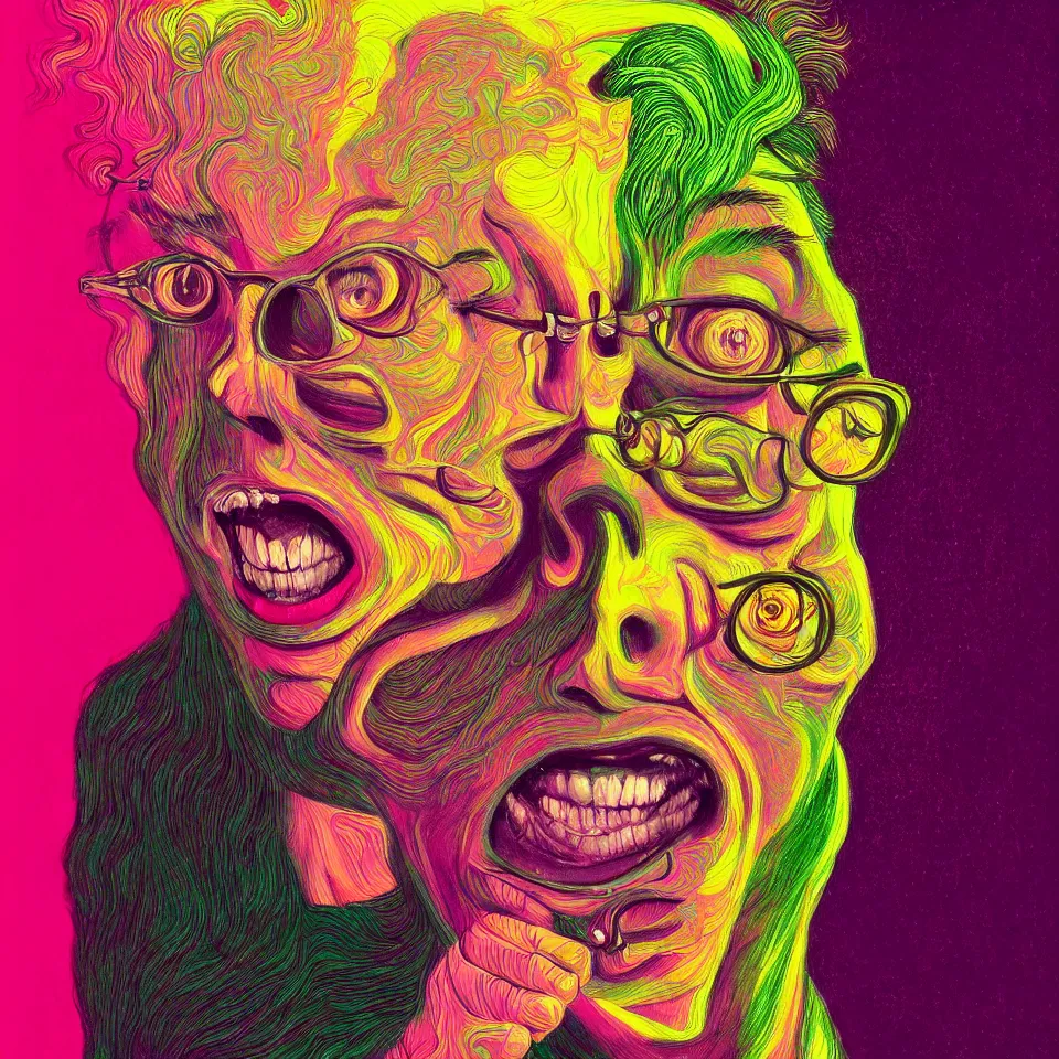 Prompt: happy and funny psychedelic best friends todd solondz tripping on lsd, laughing, diffuse lighting, fantasy, intricate, elegant, highly detailed, lifelike, photorealistic, digital painting, artstation, illustration, concept art, smooth, sharp focus, art by francis bacon