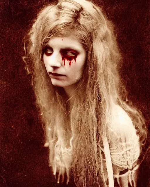 Image similar to an instant photo of a beautiful but sinister ghost in layers of fear, with haunted eyes and wild blonde hair, 1 9 7 0 s, seventies, woodlands, delicate embellishments, a little blood, crimson, painterly, offset printing technique, mary jane ansell