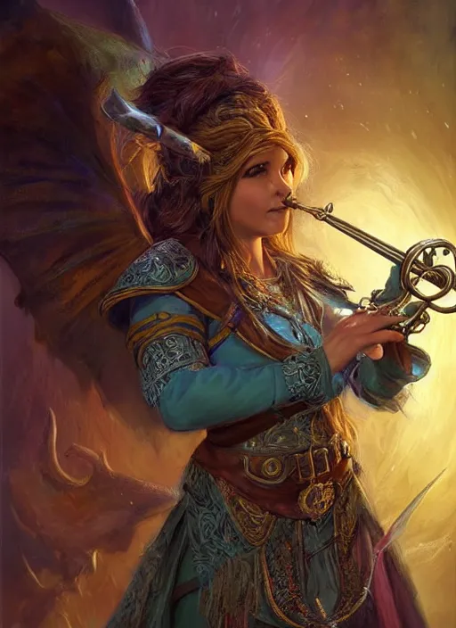 Image similar to female bard playing trumpet, ultra detailed fantasy, dndbeyond, bright, colourful, realistic, dnd character portrait, full body, pathfinder, pinterest, art by ralph horsley, dnd, rpg, lotr game design fanart by concept art, behance hd, artstation, deviantart, hdr render in unreal engine 5