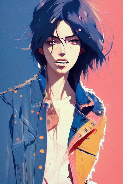 Prompt: a ultradetailed beautiful painting of a stylish woman in a denim jacket and shorts, by conrad roset, greg rutkowski and makoto shinkai trending on artstation