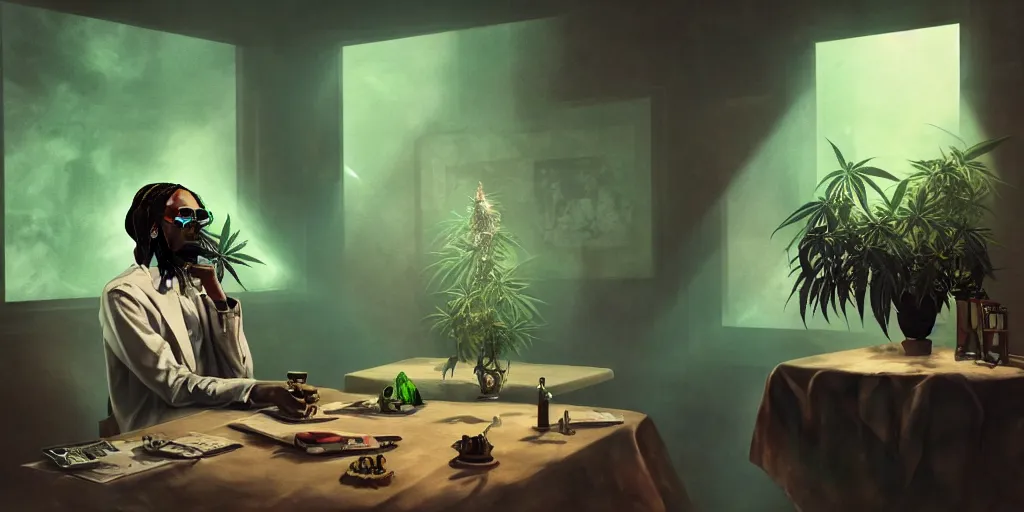 Image similar to breathtaking detailed concept art painting of snoop dogg smoking weed in a cannabis paradise, by hsiao - ron cheng, exquisite detail, extremely moody lighting, 8 k