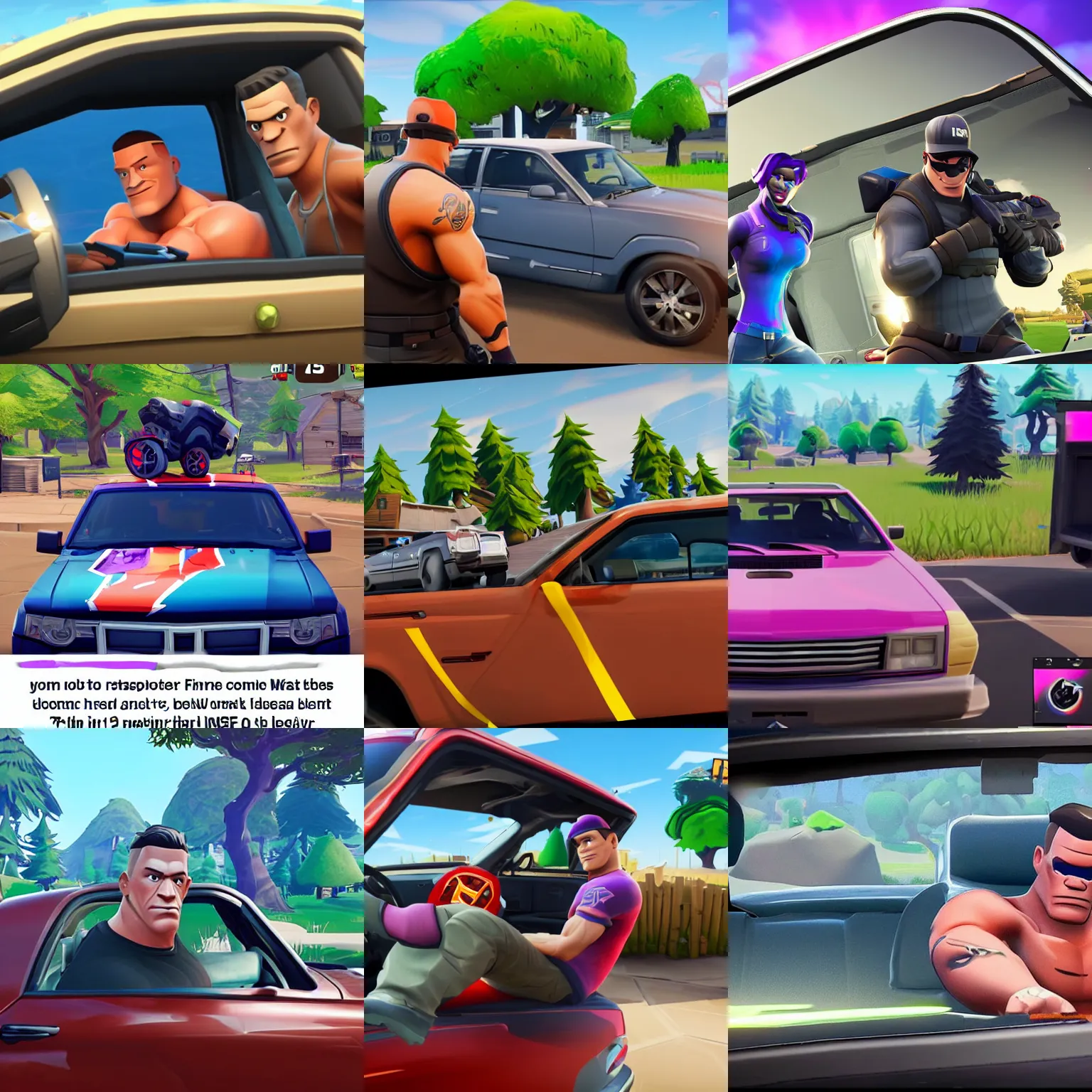 Prompt: john cena hiding in a car. Fortnite screenshot.