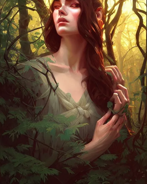 Prompt: stylized portrait of an artistic pose, composition, old forest witch surrounded by nature, realistic shaded, fine details, realistic shaded lighting poster by ilya kuvshinov, magali villeneuve, artgerm, jeremy lipkin and michael garmash and rob rey