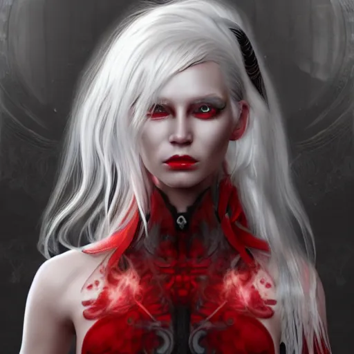 Image similar to a highly detailed portrait of a humanoid demon girl with white hair, red horns, in white clothes, artstation, deviantart, professional, unreal engine 5, photorealistic, digital art