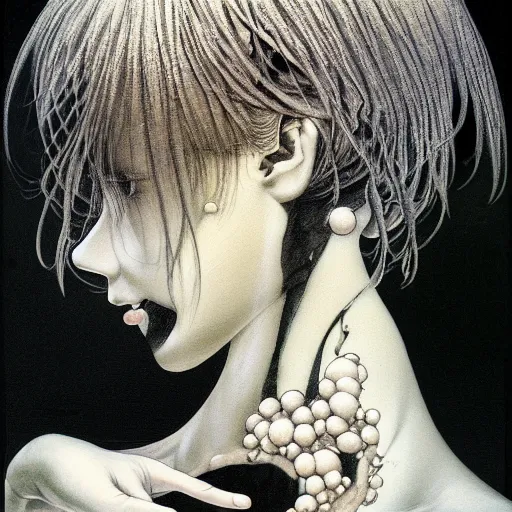 Image similar to prompt: Black and white Fragile looking vessel portrait face drawn by Katsuhiro Otomo, nymph in the water performing alchemy, intricate oil painting, soft light, intricate detail, intricate oil painting detail, sharp high detail, manga and anime 2000