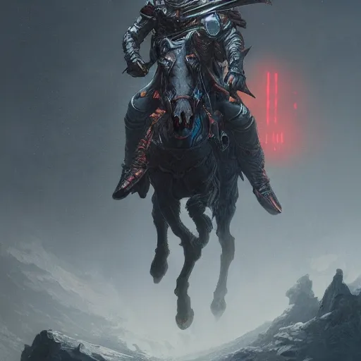 Image similar to futuristic matte concept art of the horseman of war by gustave dore and greg rutkowski and wlop, bold colors, detailed, cinematic, artstation, 4 k, intricate, rule of thirds