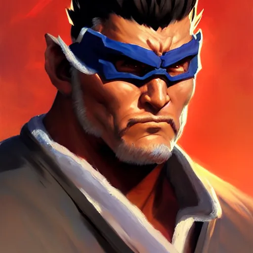 Image similar to Greg Manchess portrait painting of Evil Ryu as Overwatch character, medium shot, rage, asymmetrical, profile picture, Organic Painting, sunny day, Matte Painting, bold shapes, hard edges, street art, trending on artstation, by Huang Guangjian and Gil Elvgren and Sachin Teng