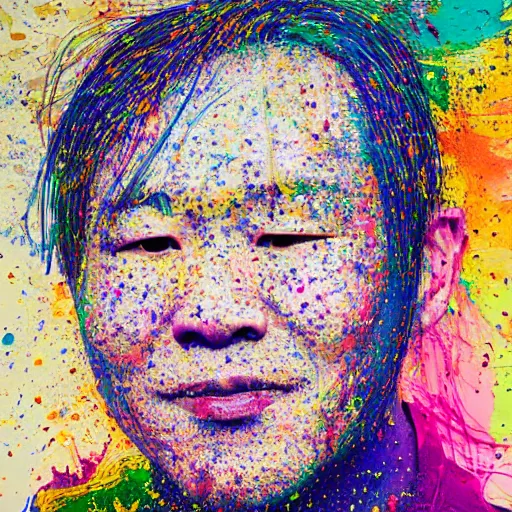 Image similar to a portrait of byron li composed of flecks of paint lush & immense density long strands of drips in all directions splatters of mixed pigments with solid color inside.