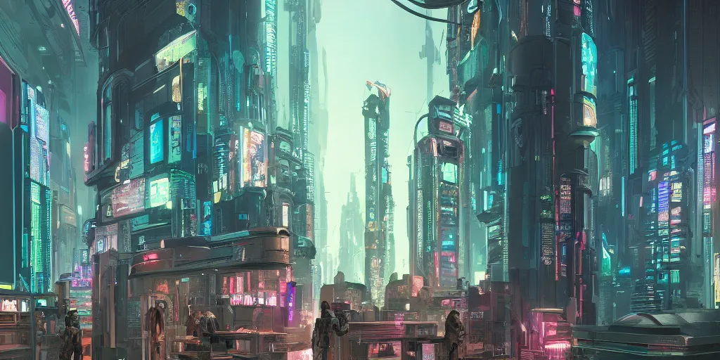 Prompt: an awesome and stunning cyberpunk future bio coffee station storefront bridging two dark epic towers, 4k, octane render, concept art, sharp detail, by josan gonzalez, bladerunner, moebius, syd mead