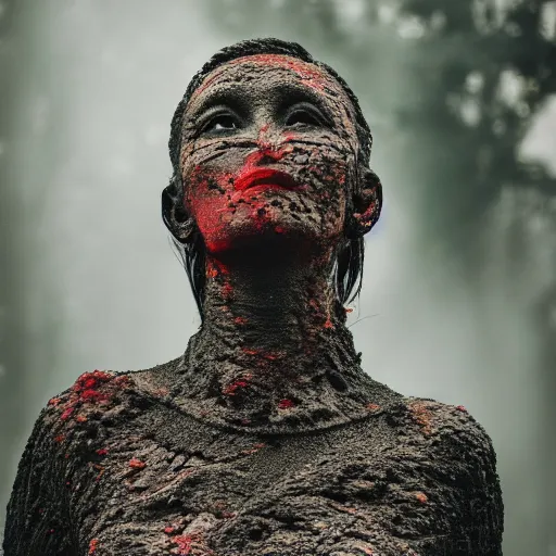 Image similar to beautiful stone woman, lava flowing, exotic trees, bare bark, dark eyes, low angle mist, high octane, frostbite, 8 k, cinematic, 3 5 mm,