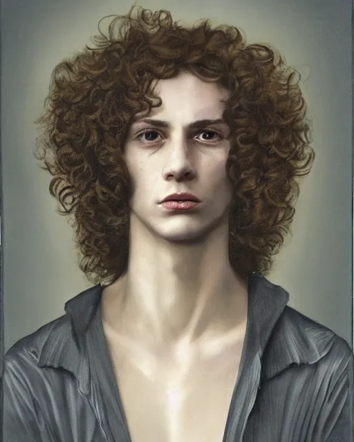 Image similar to a beautiful but sinister young man in layers of fear, with haunted eyes and curly hair, 1 9 7 0 s, seventies, delicate embellishments, a little blood, painterly, offset printing technique, mary jane ansell