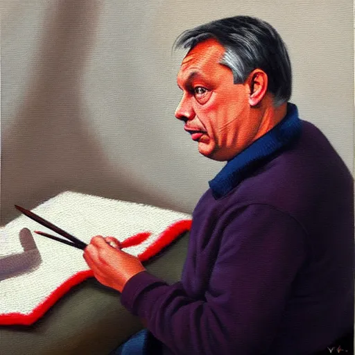 Image similar to viktor orban knitting, oil painting