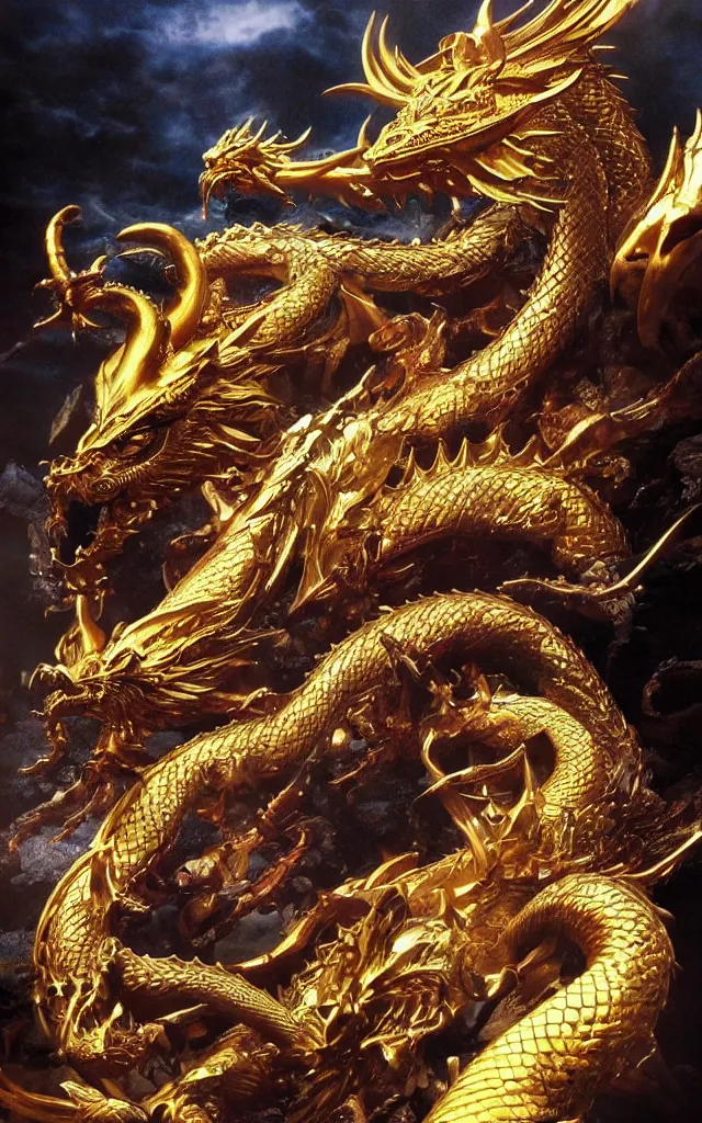 Image similar to golden dragon, epic, legendary, cinematic composition, stunning atmosphere by yoshitaka amano