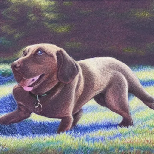 Image similar to Colored pencil art on paper, Dog playing in park, highly detailed, artstation, MasterPiece, Award-Winning, Caran d'Ache Luminance