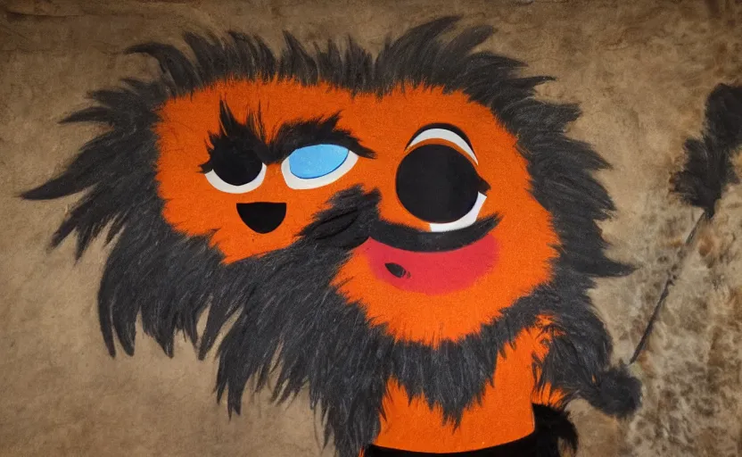 Prompt: cave painting of gritty the mascot, imax