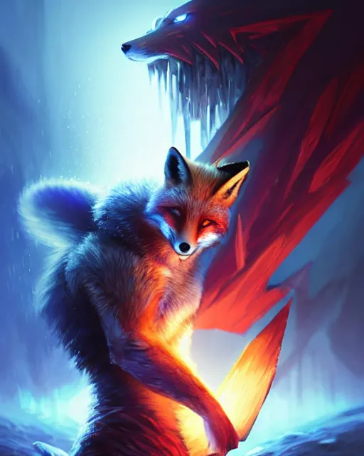 Image similar to Fox Warrior holding sapphire, evil smile, medium shot, D&D, artstation, fantasy, magic the gathering artwork, cinematic lighting, centered, symmetrical, highly detailed, digital painting, , concept art, smooth, sharp focus, illustration, volumetric lighting, epic Composition, 8k, art by Akihiko Yoshida and Greg Rutkowski and Craig Mullins, oil painting, cgsociety