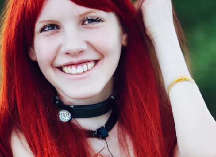 Image similar to portrait of a red haired girl with a choker necklace, and a beautiful smile