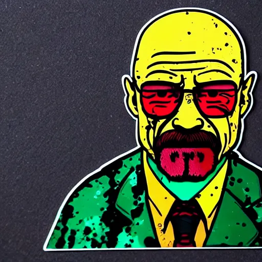 Prompt: die cut sticker, walter white wearing the joker suit, splatter paint