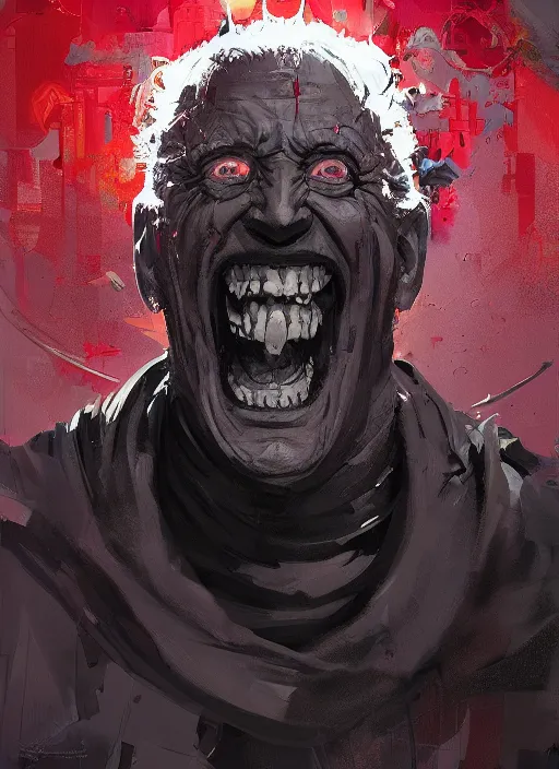 Image similar to crazy mad Joe Biden grinning sadistic smile all powerful emperor of the world, high contrast, cosmic horror, lovecraftian, abstract, masterpiece, trending on ArtStation, by Greg Rutkovski and by Craig Mullins and by David Cronenberg and by Ismail Inceoglu, dark