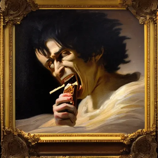 Image similar to saturn devouring a snickers chocolate bar, goya painting, in the style of goya and greg rutkowski, in the style of black paintings, 8 k, highly realistic