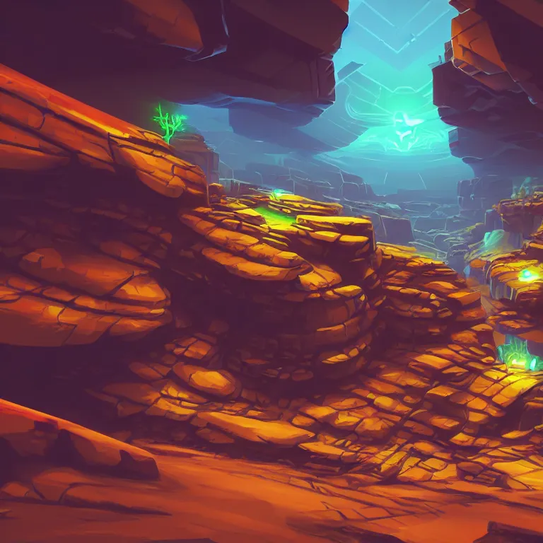 Image similar to marketing game illustration, distortion camera of a scifi road into the rocks canyon very fast feeling in the style of Blizzard and Riot Games