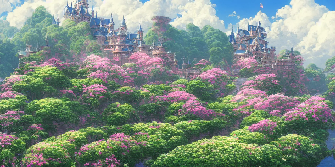 Prompt: a beautiful painting of a huge castles, flowers, plants, clouds, rain, hayao miyazaki's animation style, 8 k, hd ， by hasui kawase and thomas kinkade, trending on artstation