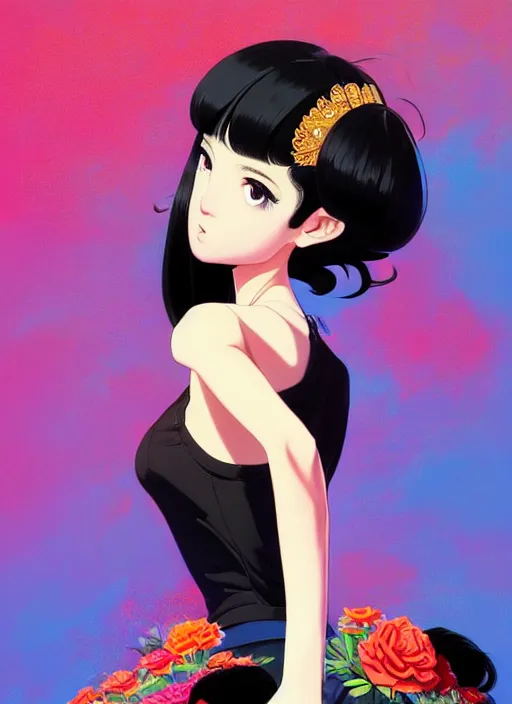 Image similar to a beautiful girl with black hair in 1970's fashion, ballroom background, intricate, highly detailed, digital painting, artstation, official media, anime key visual, concept art, rich vivid colors, ambient lighting, sharp focus, illustration, art by Artgerm, Makoto Shinkai, Ilya Kuvshinov, Lois Van Baarle, and Rossdraws