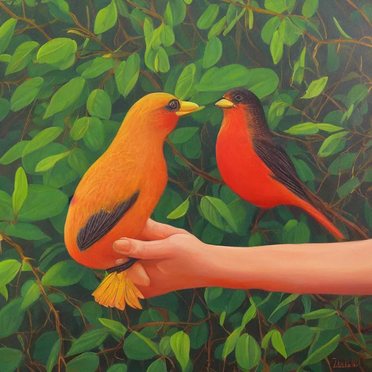 Image similar to a beautiful painting of a bird in hand is worth two in the bush, highly detailed, 8 k resolution, by elizabeth gould