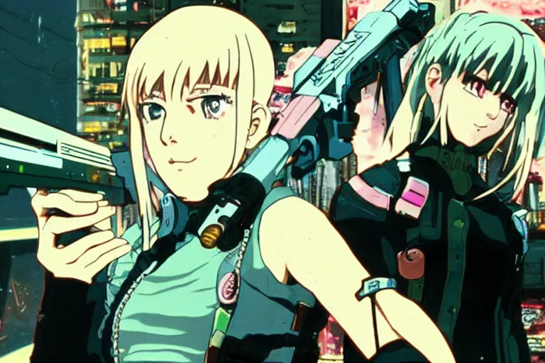 Prompt: Chloe Sevigny aims a pistol in a cyberpunk anime from the 90s by Mamoru Oshii