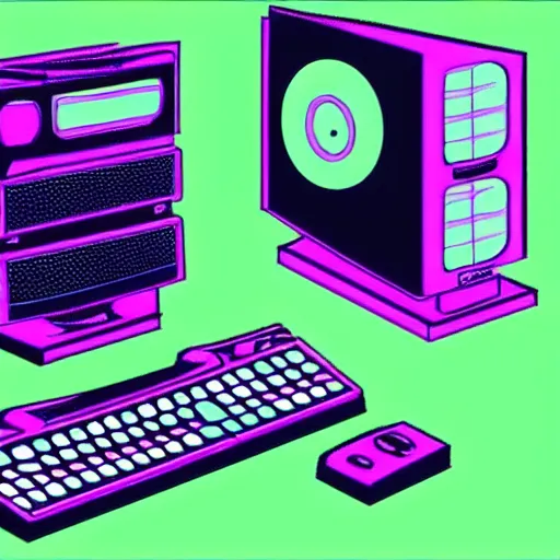 Image similar to A computer from the 90s in the style of vaporwave